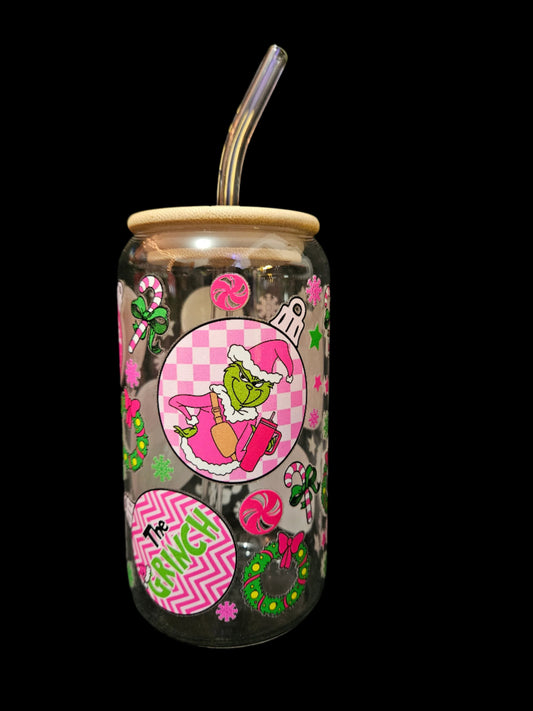 Pink Grinchie 16oz Glass Tumbler