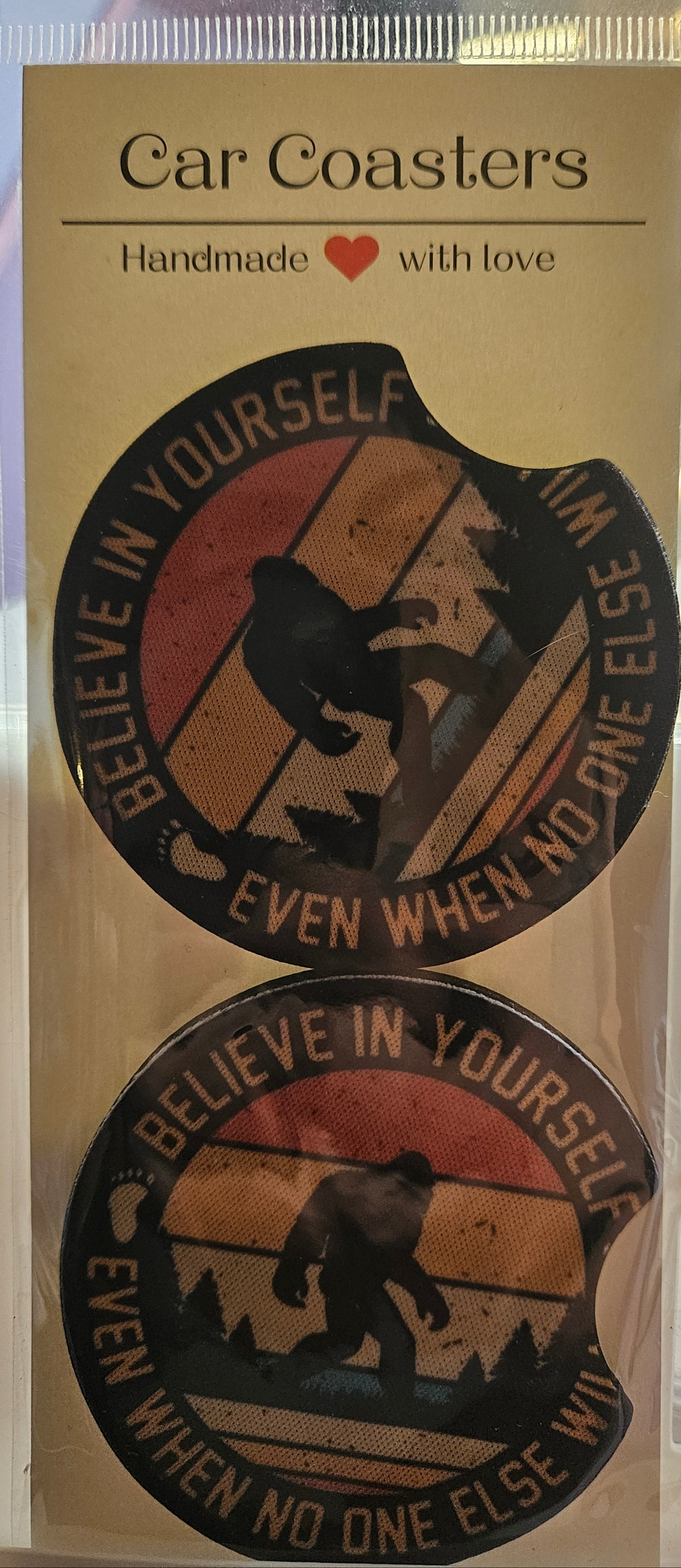 "Believe in yourself" Bigfoot Car Coaster Set