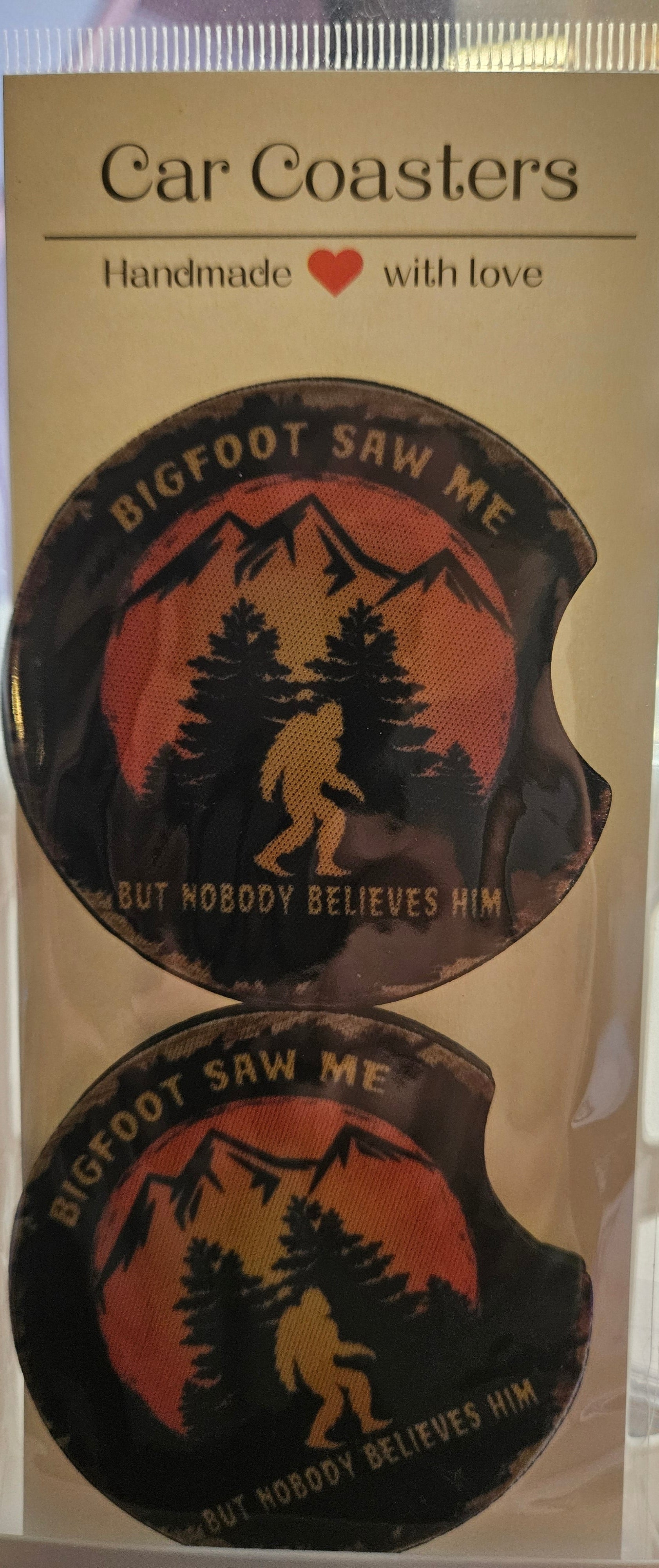 "Bigfoot Saw Me" Bigfoot Car Coaster Set