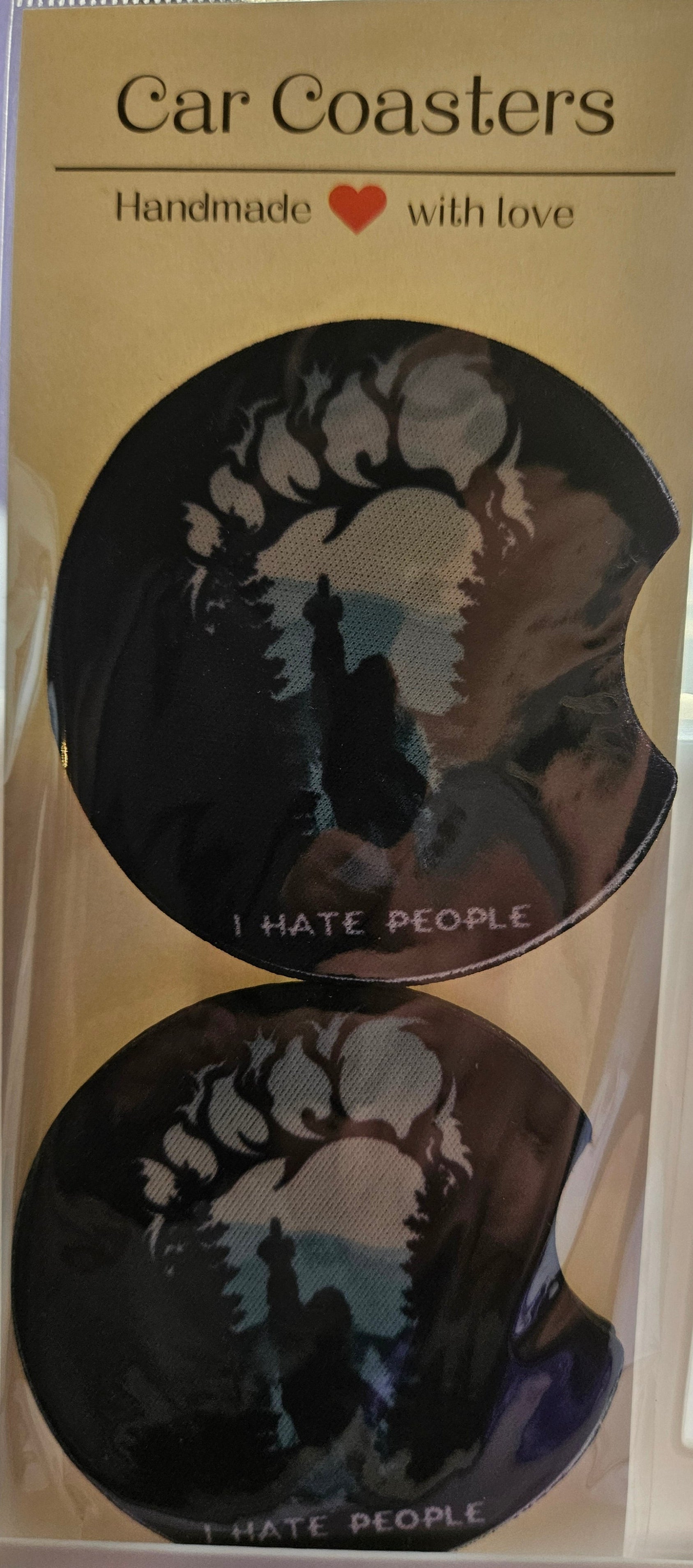 "I hate People" Bigfoot Car Coaster Set