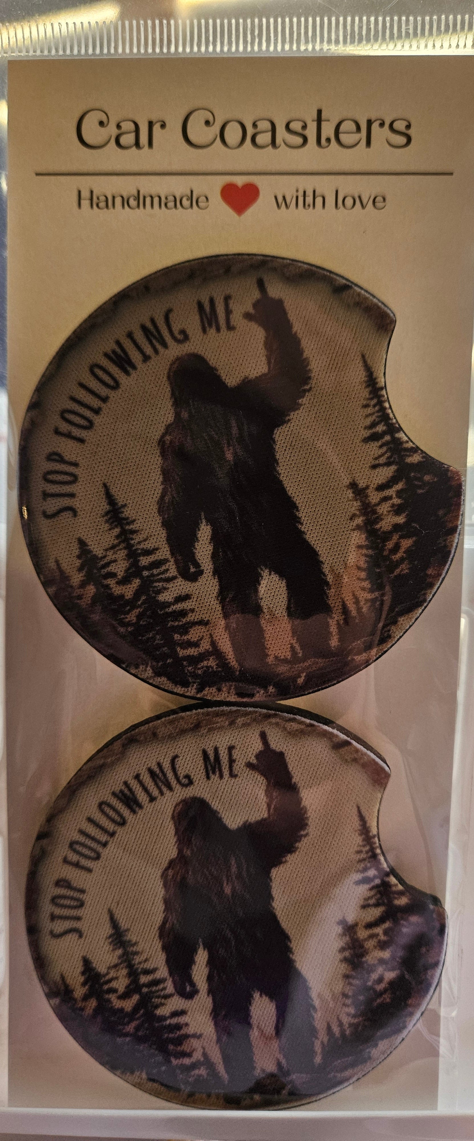 "Stop following me" Bigfoot Car Coaster Set
