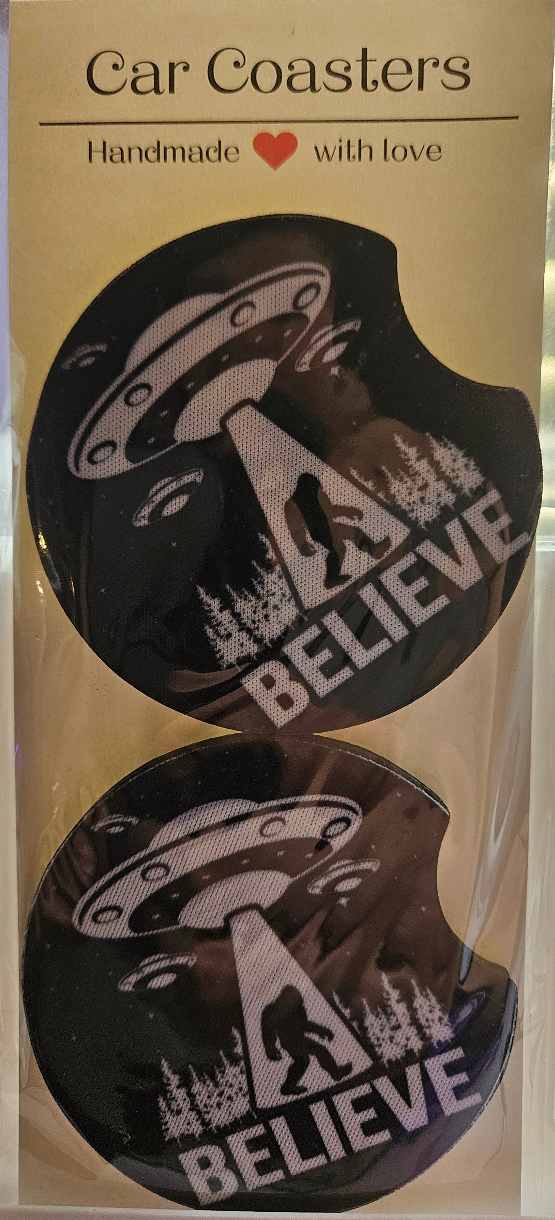 "Believe" Bigfoot Car Coaster Set